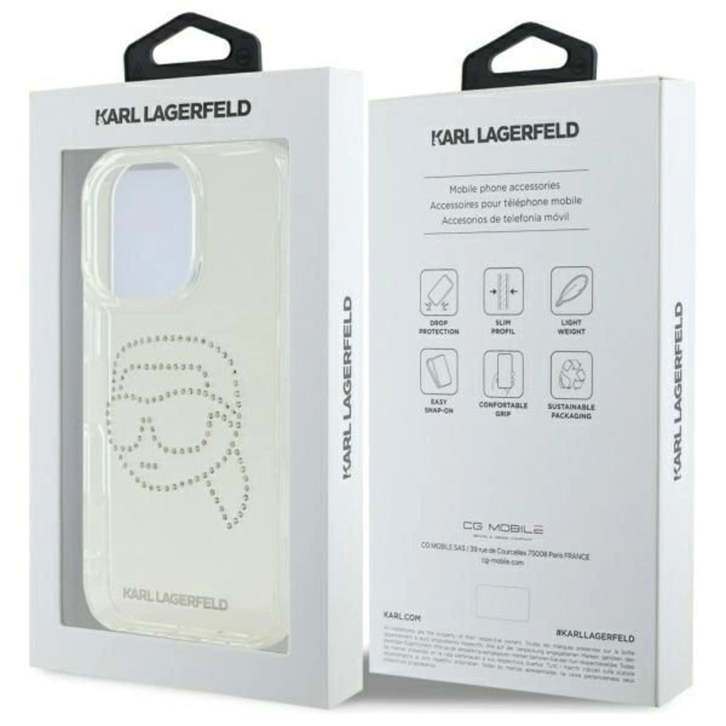 Karl Lagerfeld IML Hard Case with Rhinestones Karl Head Logo for iPhone 16 Pro Max | كفر كارل لاغرفيلد شفاف مزين بكريستالات وشعار راس كارل لهاتف ايفون 16 برو ماكس