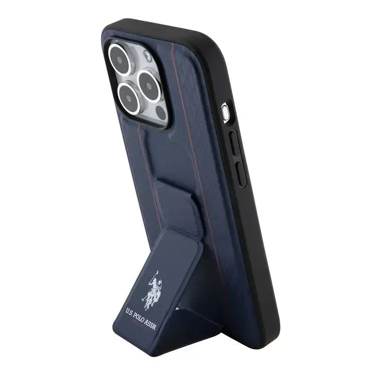 U.S. Polo Assn. PU Leather Grip Stand Case for iPhone 15 Pro Max | كفر يو اس بولو, جلد صناعي بنقشة بارزة مع حامل مسند لهاتف ايفون 15 برو ماكس