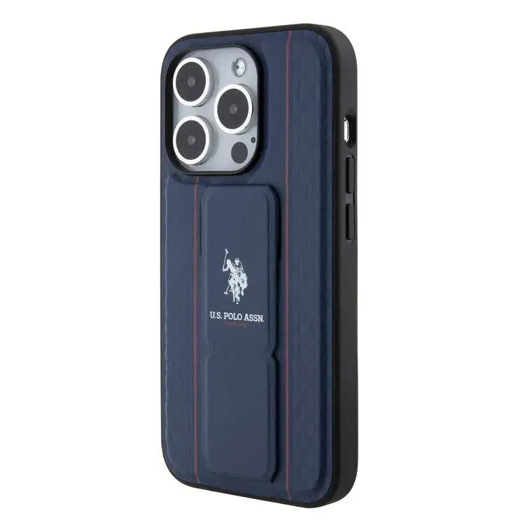 U.S. Polo Assn. PU Leather Grip Stand Case for iPhone 15 Pro Max | كفر يو اس بولو, جلد صناعي بنقشة بارزة مع حامل مسند لهاتف ايفون 15 برو ماكس