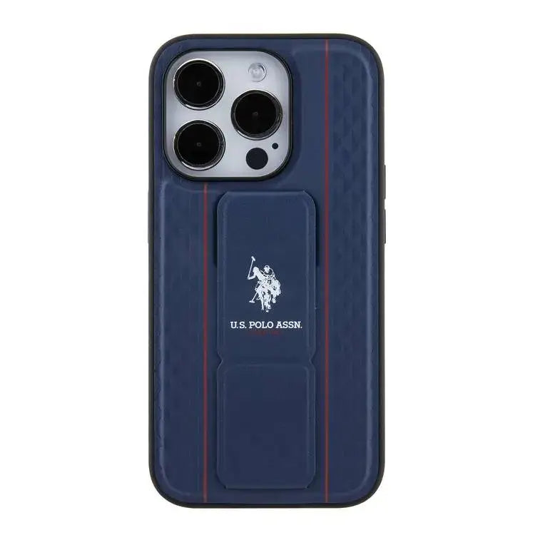U.S. Polo Assn. PU Leather Grip Stand Case for iPhone 15 Pro Max | كفر يو اس بولو, جلد صناعي بنقشة بارزة مع حامل مسند لهاتف ايفون 15 برو ماكس