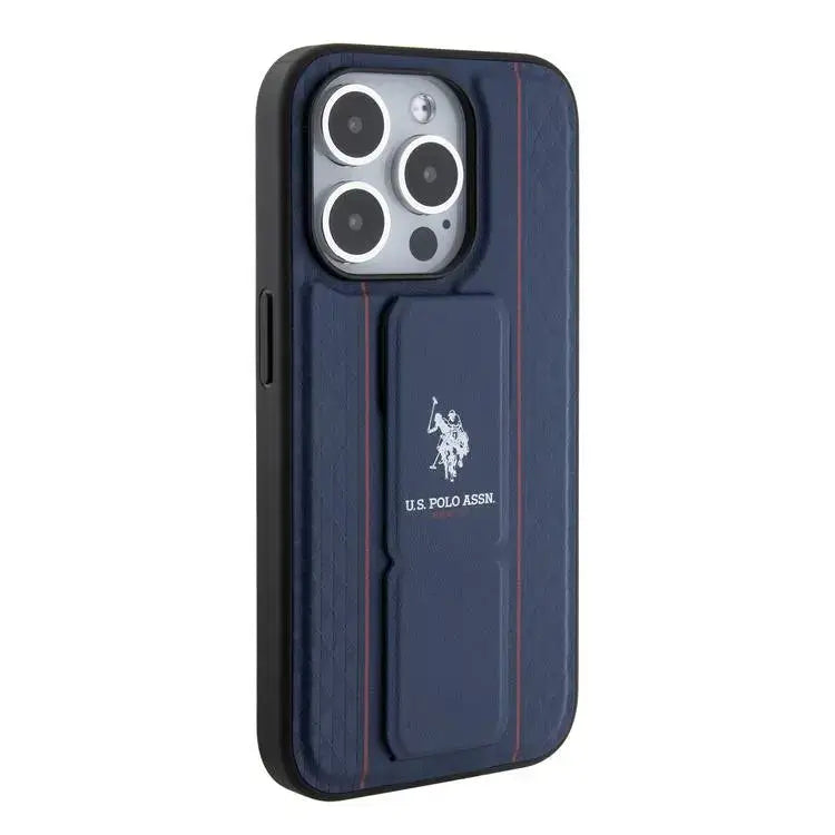 U.S. Polo Assn. PU Leather Grip Stand Case for iPhone 15 Pro Max | كفر يو اس بولو, جلد صناعي بنقشة بارزة مع حامل مسند لهاتف ايفون 15 برو ماكس