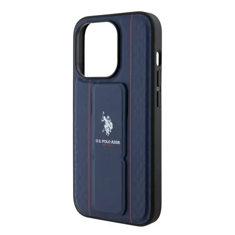U.S. Polo Assn. PU Leather Grip Stand Case for iPhone 15 Pro Max | كفر يو اس بولو, جلد صناعي بنقشة بارزة مع حامل مسند لهاتف ايفون 15 برو ماكس