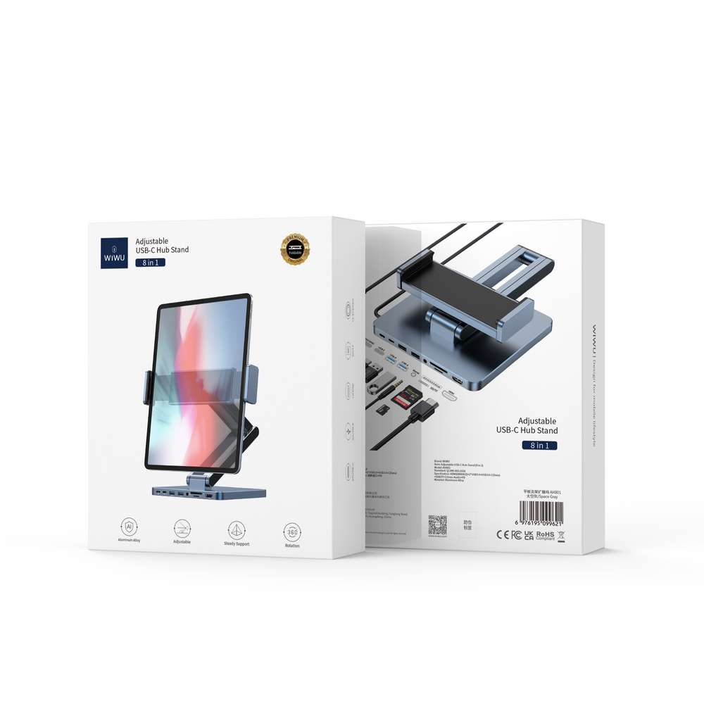 حامل تابلت ويوو AH801 مصنوع من الالمنيوم لحجم 13 انش مع موزع يو اس بي | WIWU AH801 For iPad 13-inch Aluminum Alloy Folding Tablet Bracket with USB Hub