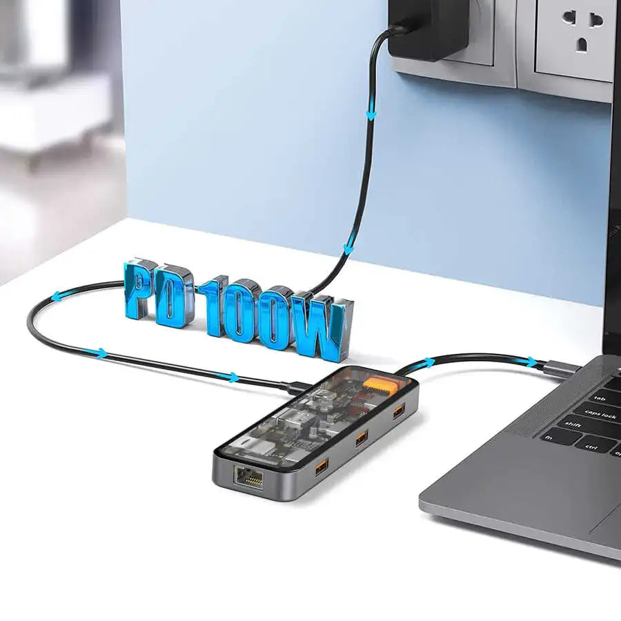 محول ويوو سايبر 8 في 1 بمنفذ تايب سي مع شحن سريع بقدرة 100 واط | WiWU CB008 Cyber 8 in 1 Type-C Hub 100W Charging