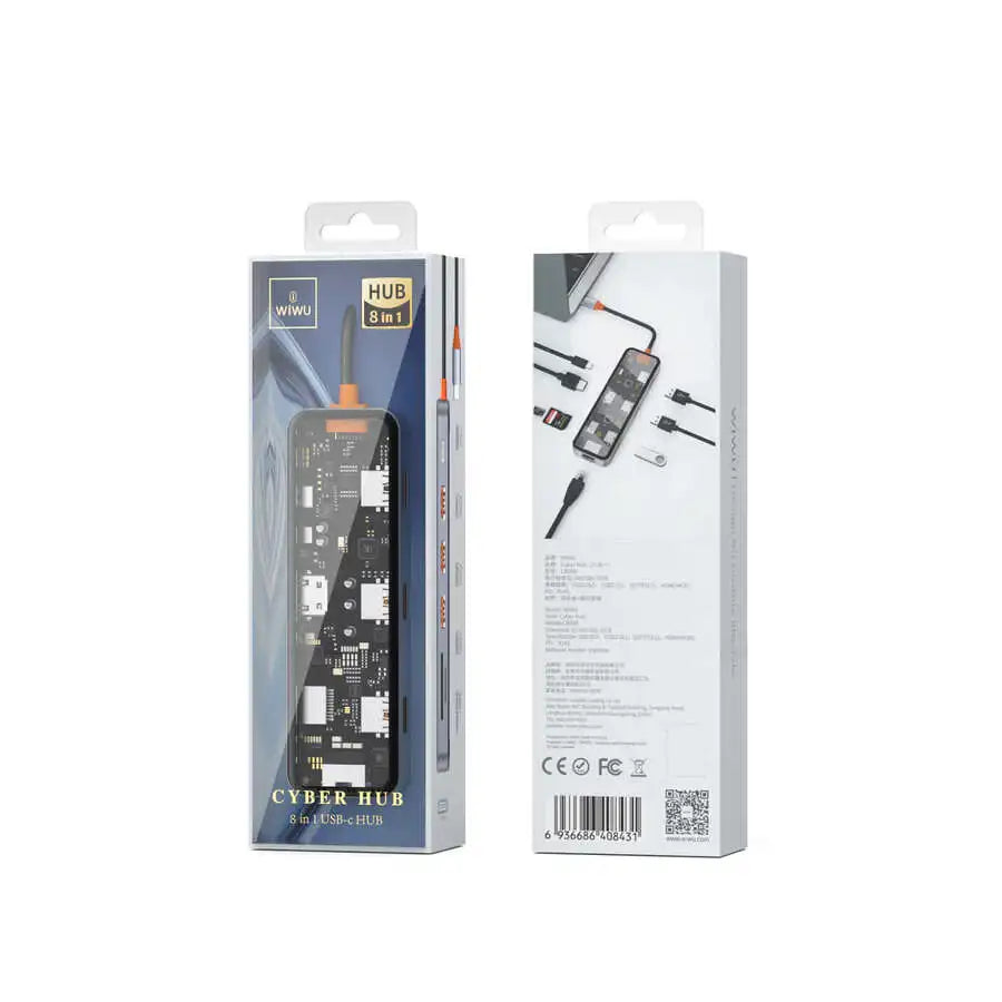 محول ويوو سايبر 8 في 1 بمنفذ تايب سي مع شحن سريع بقدرة 100 واط | WiWU CB008 Cyber 8 in 1 Type-C Hub 100W Charging