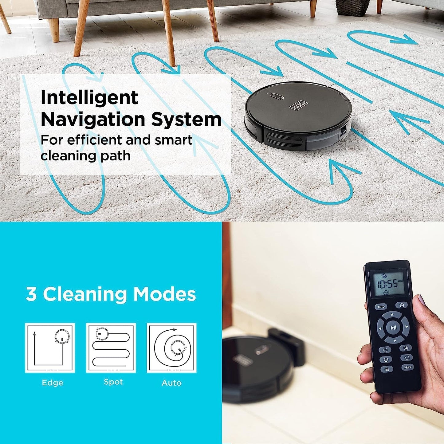 Black+Decker Robotic Vacuum Cleaner and Mop, Support Alexa, 2150Pa Strong Suction Power -مكنسة روبوتية وممسحة بلاك اند ديكر مع دعم الأليكسا، قوة شفط 2150 باسكال