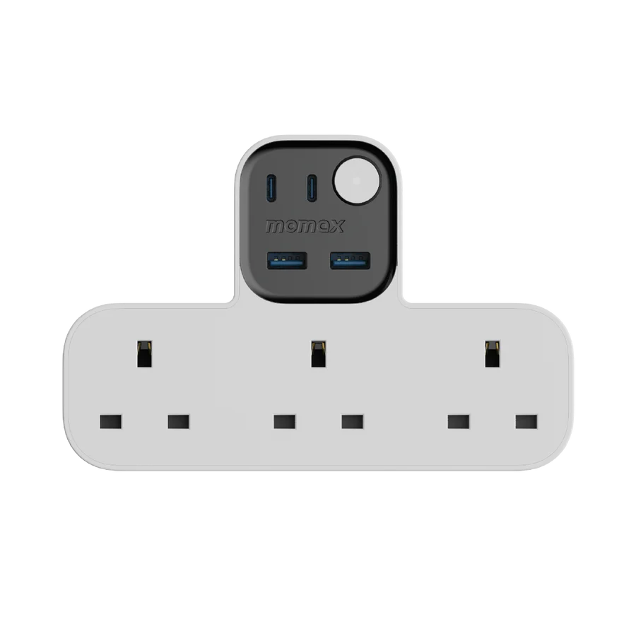 Momax Charge Work Flow T-Shaped Extension Cord - مشترك موماكس جارج ورك فلو, 3مقابس كهربائية، 2 USB-A و2 USB-C