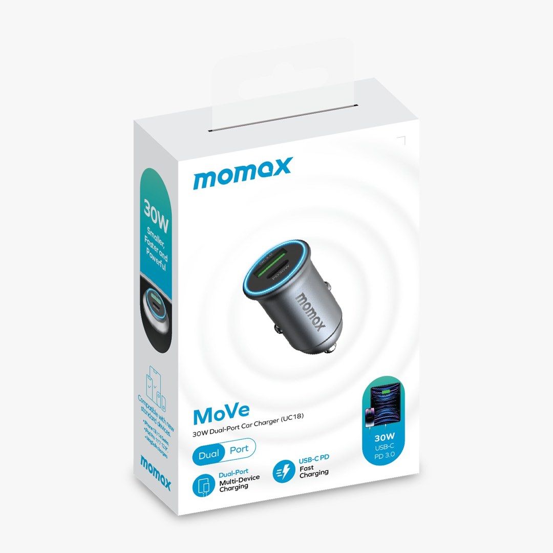 Momax MoVe 30W Dual-Port Fast Car Charger - شاحن سيارة موماكس موف مزدوج المنافذ بقوة 30 واط – شحن سريع