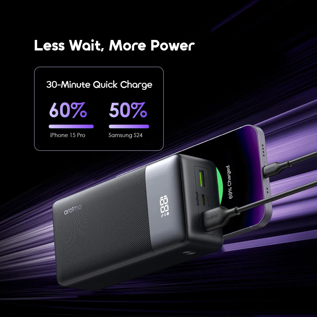 باور بانك اورايمو PowerNova QF1 بسعة 27,000 مللي امبير وبقدرة شحن 22.5 واط - اسود | Oraimo PowerNova OPB-7270Q 22.5W Power Bank 27000mAh – Black