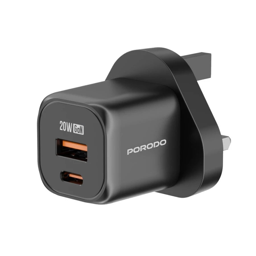 شاحن بورودو السريع 20 واط USB QC3.0 مع كيبل تايب سي الى لايتننغ بطول 1.2 متر - اسود | Porodo PD 20W USB QC3.0 UK Fast Charger with USB-C to Lightning Cable 1.2M – Black