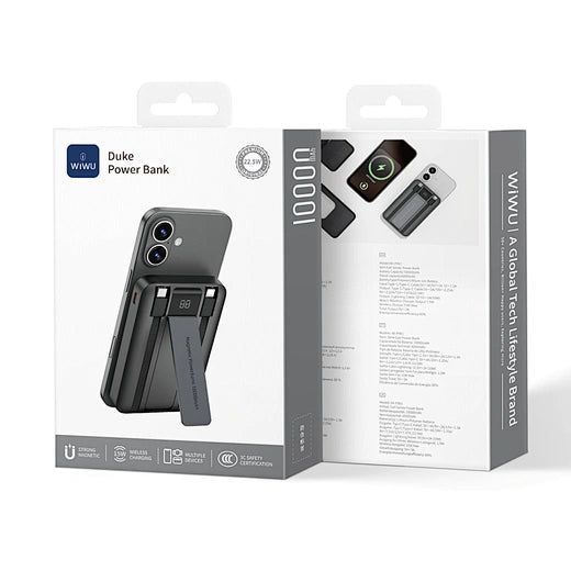 باور بانك ويوو بسعة 10000 مللي امبير مع شحن سريع 22.5 واط وكيبل لايتننغ وتايب سي مدمجين مع مسند | WiWU Duke Wi-P061 10000mAh Power Bank, 22.5W Fast Charging with Built-in Type-C & Lightning Cables and Stand.
