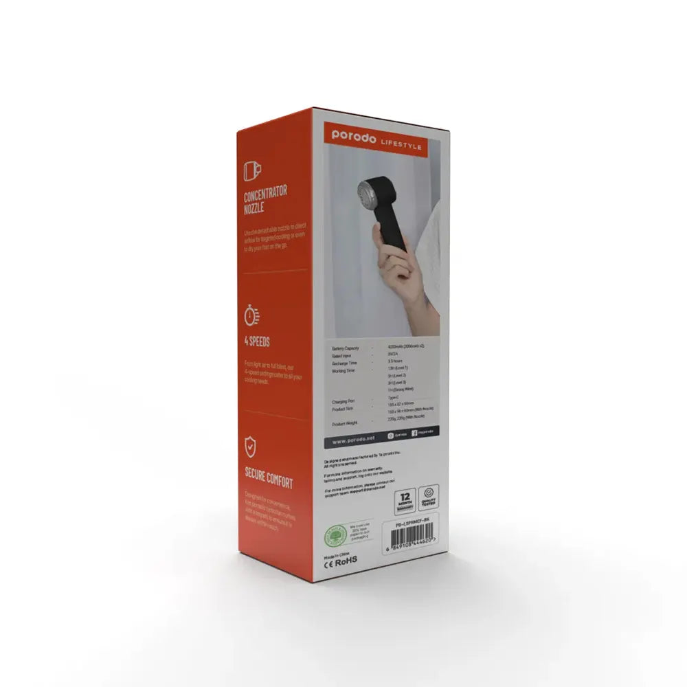 بورودو لايف ستايل مروحة يدوية توربو للاستخدام الخارجي - اسود | Porodo Lifestyle Handheld Turbo Fan For Outdoors – Black.