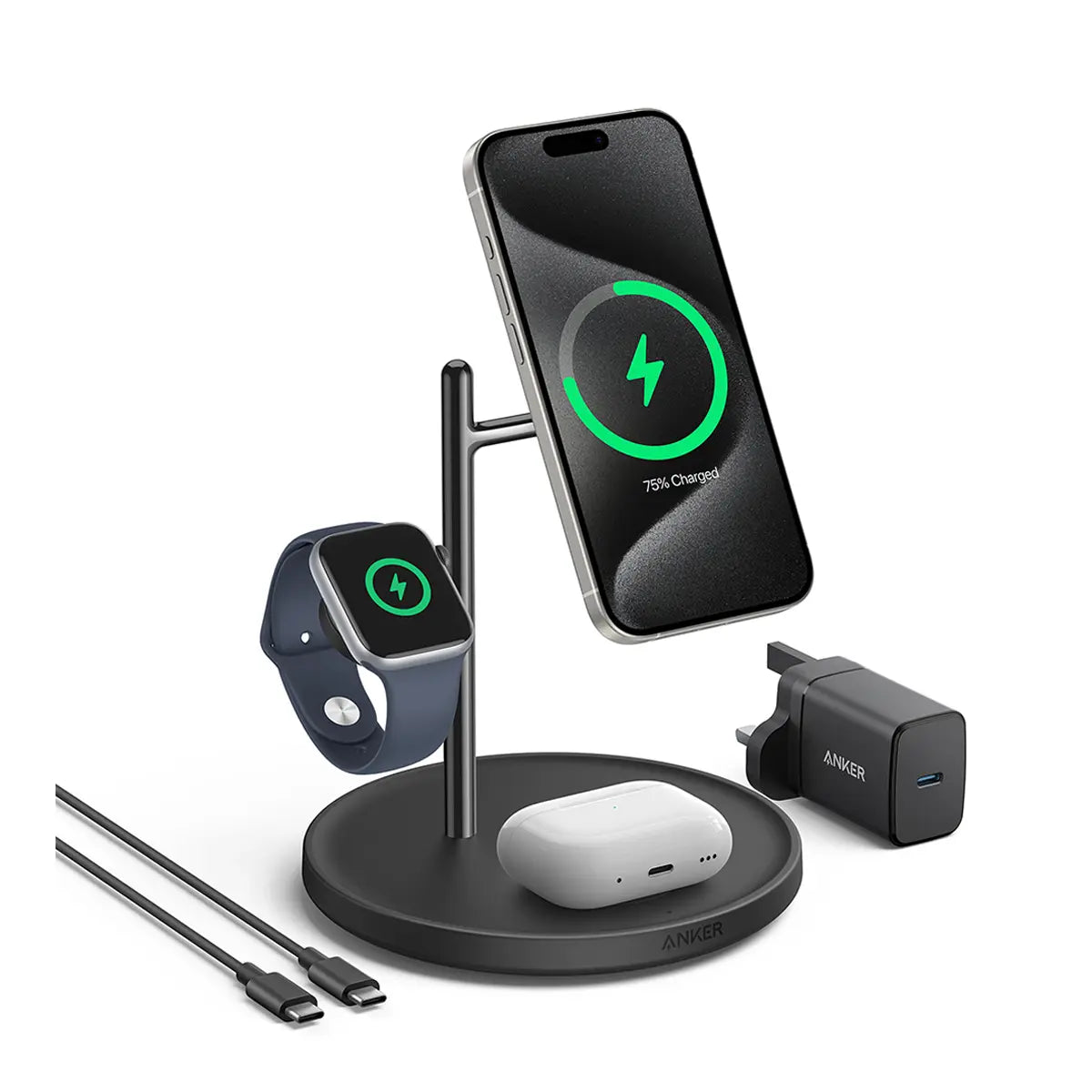 حامل شحن لاسلكي انكر ماج جو 3 في 1, بقدرة 15 واط, معتمد QI2 لشحن الايفون | Anker MagGo 15W 3-in-1 Charging Stand, Qi2 Certified Wireless Charger for iPhone
