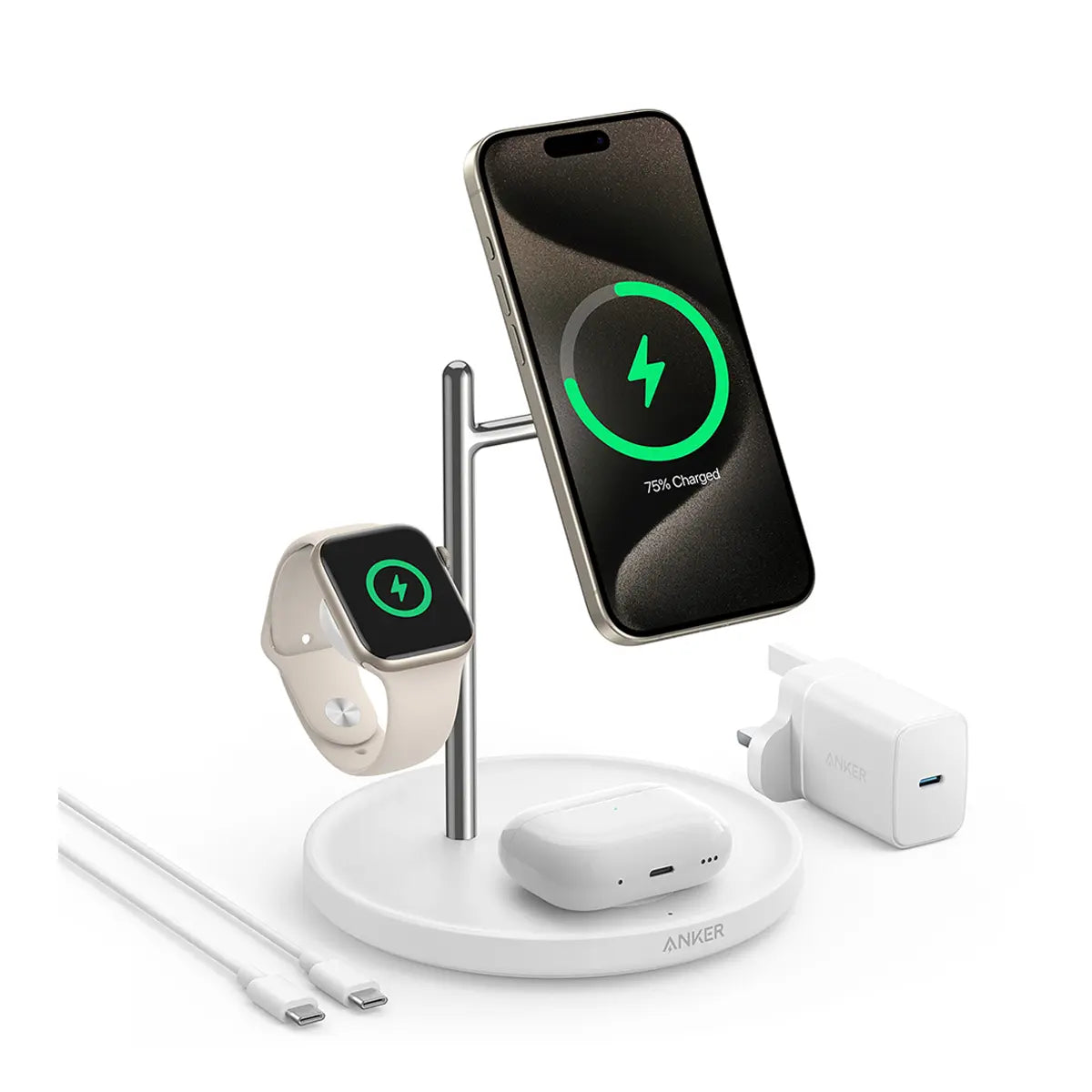 حامل شحن لاسلكي انكر ماج جو 3 في 1, بقدرة 15 واط, معتمد QI2 لشحن الايفون | Anker MagGo 15W 3-in-1 Charging Stand, Qi2 Certified Wireless Charger for iPhone