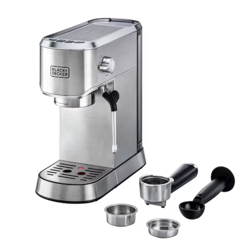Black+Decker Espresso Coffee Machine, 15 Bar ECM150-B5 - ماكينة اسبريسو احترافية بضغط 15 بار وتجهيز مشروبات القهوة بسهولة
