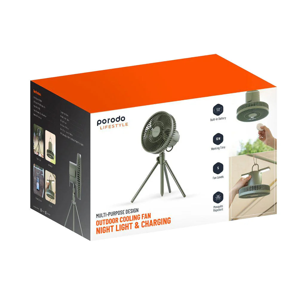 مروحة تخييم خارجية مع ريموت واضائة LED من بورودو لايف ستايل, بطارية بسعة 10000 مللي امبير - اخضر | Porodo LifeStyle Outdoor Camping Fan with Remote and LED Light 10000mAh - Green