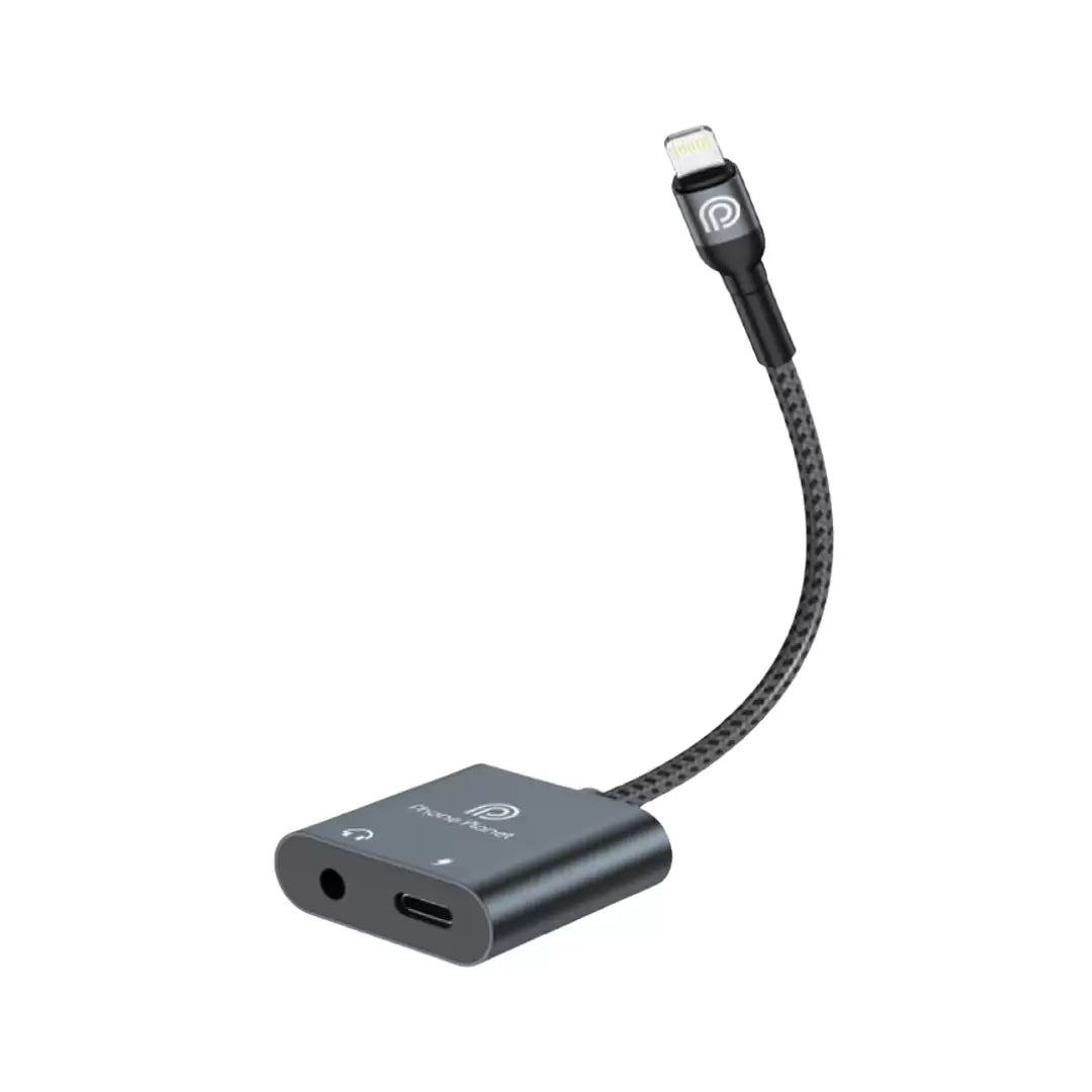 محول فون بلانيت 2 في 1 لايتننغ الى 3.5 ملم + شحن, كيبل بطول 15 سم | PHONE PLANET LLAUX-15 | Lightning to 3.5mm Audio + Charger | 2-in-1 Adapter | 15cm