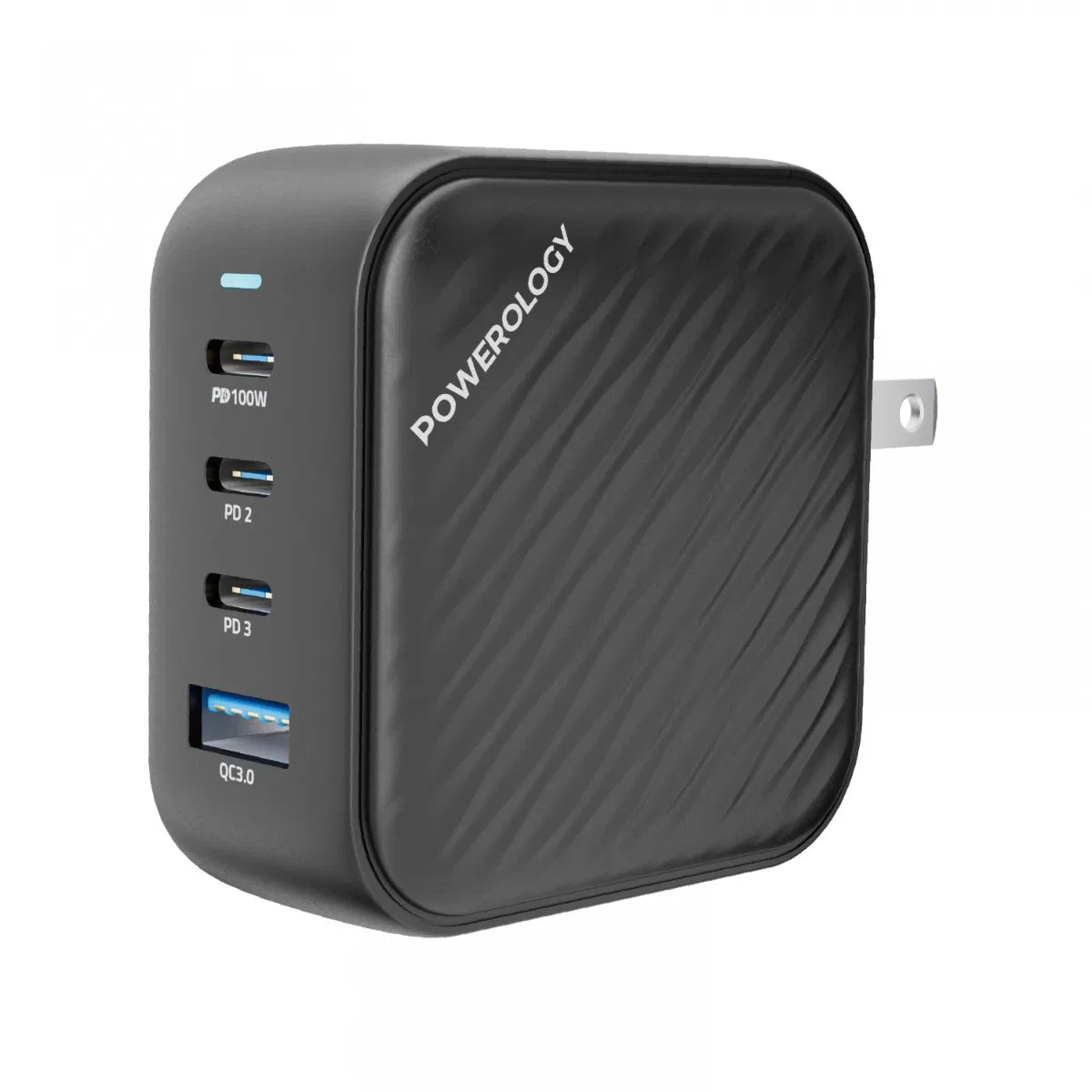 شاحن جداري باورولوجي ب 3 منافذ PD ومنفذ QC3.0 بقدرة 100 واط - اسود | Powerology 3-Port PD + 1 QC3.0 GaN Wall Charger 100W – Black.