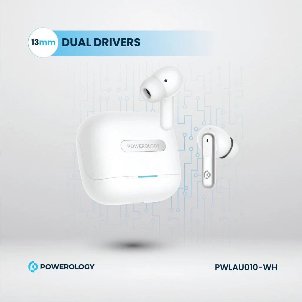 سماعات باورولوجي اللاسلكية ANC+ENC مع 6 مايكروفونات, تشغيل حتى 6 ساعات | Powerology Hybrid ANC+ENC 6Mic True Wireless Earbuds – 6H Playtime.