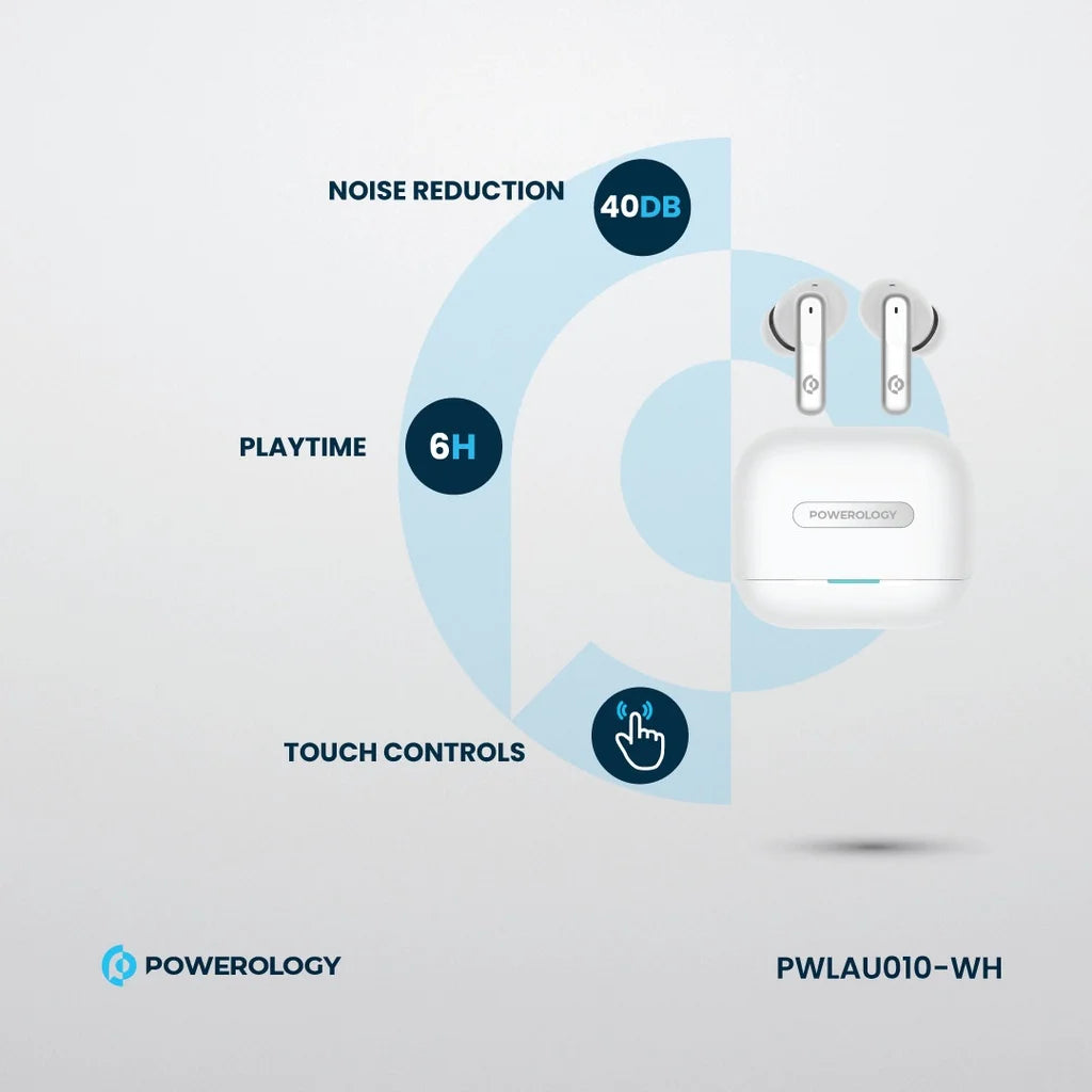 سماعات باورولوجي اللاسلكية ANC+ENC مع 6 مايكروفونات, تشغيل حتى 6 ساعات | Powerology Hybrid ANC+ENC 6Mic True Wireless Earbuds – 6H Playtime.
