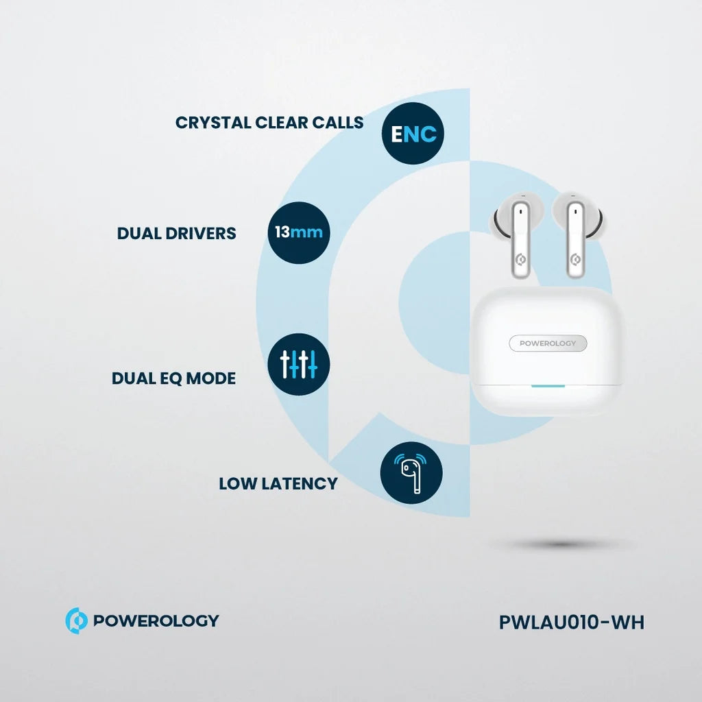 سماعات باورولوجي اللاسلكية ANC+ENC مع 6 مايكروفونات, تشغيل حتى 6 ساعات | Powerology Hybrid ANC+ENC 6Mic True Wireless Earbuds – 6H Playtime.