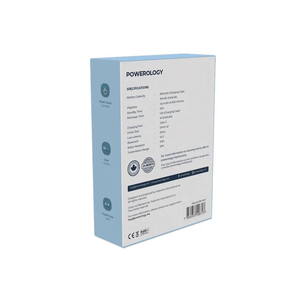 سماعات باورولوجي اللاسلكية ANC+ENC مع 6 مايكروفونات, تشغيل حتى 6 ساعات | Powerology Hybrid ANC+ENC 6Mic True Wireless Earbuds – 6H Playtime.