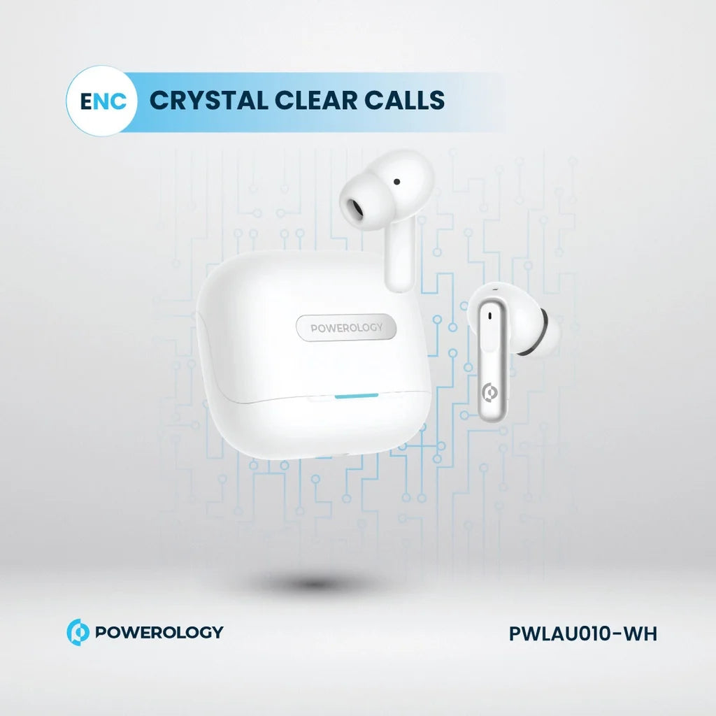 سماعات باورولوجي اللاسلكية ANC+ENC مع 6 مايكروفونات, تشغيل حتى 6 ساعات | Powerology Hybrid ANC+ENC 6Mic True Wireless Earbuds – 6H Playtime.