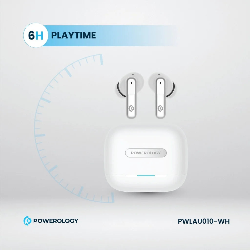 سماعات باورولوجي اللاسلكية ANC+ENC مع 6 مايكروفونات, تشغيل حتى 6 ساعات | Powerology Hybrid ANC+ENC 6Mic True Wireless Earbuds – 6H Playtime.