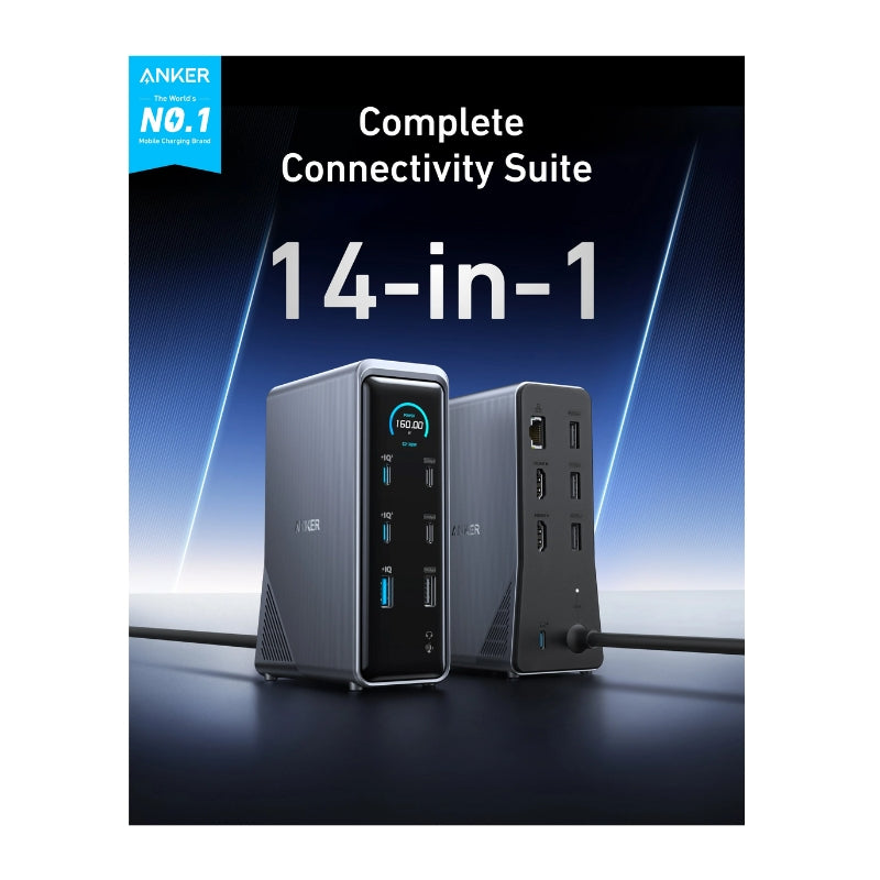 قاعدة شحن أنكر برايم 14 في 1, بقدرة شحن 160 واط ودعم شاشتين بدقة 4K - رمادي | Anker Prime Dock 160W 14-in-1 with Dual 4K Display – Gray