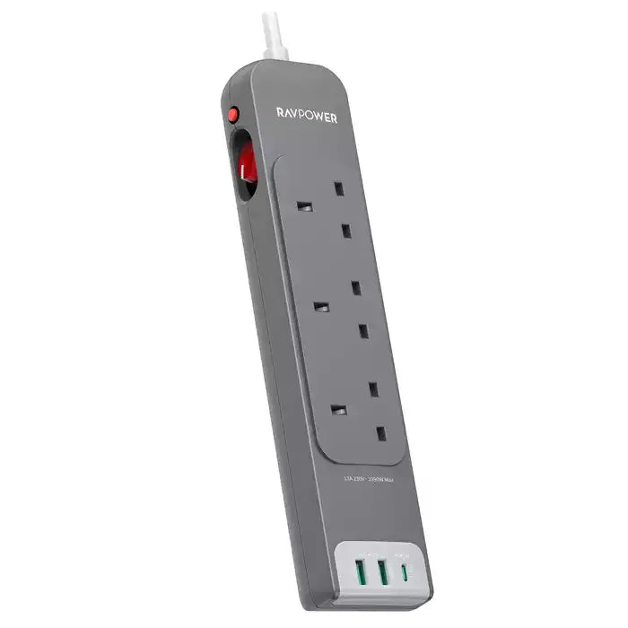 RAVPower RP-PC1038 6-in-1 Power Strip 3 AC Outlets with USB Ports –وصلة طاقة راف باور 6 في 1, 3 مقابس كهربائية مع منافذ USB
