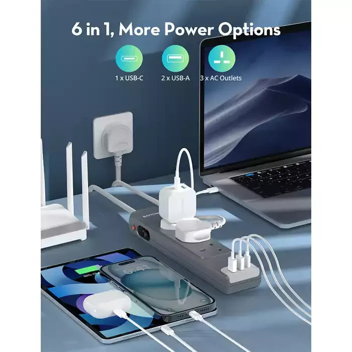 RAVPower RP-PC1038 6-in-1 Power Strip 3 AC Outlets with USB Ports –وصلة طاقة راف باور 6 في 1, 3 مقابس كهربائية مع منافذ USB