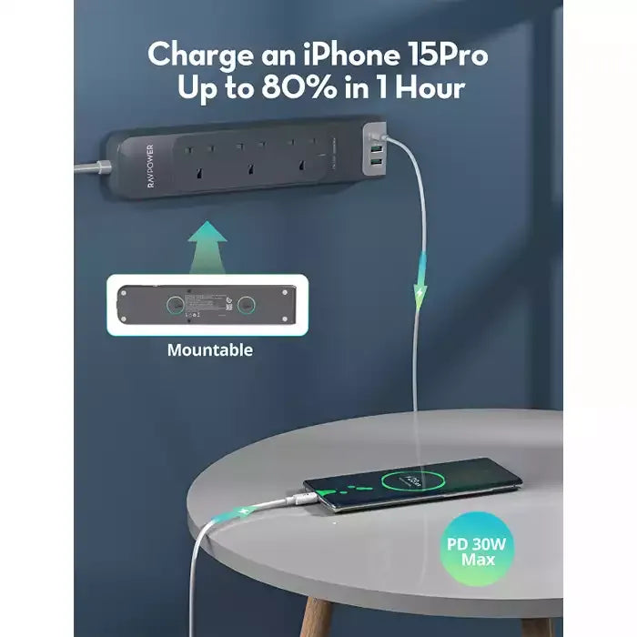 RAVPower RP-PC1038 6-in-1 Power Strip 3 AC Outlets with USB Ports –وصلة طاقة راف باور 6 في 1, 3 مقابس كهربائية مع منافذ USB