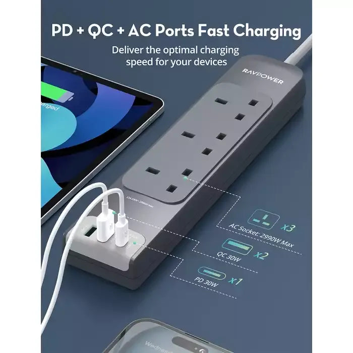 RAVPower RP-PC1038 6-in-1 Power Strip 3 AC Outlets with USB Ports –وصلة طاقة راف باور 6 في 1, 3 مقابس كهربائية مع منافذ USB