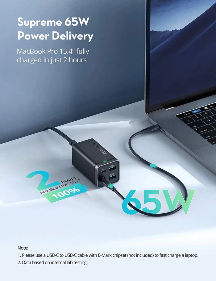 شاحن بقدرة 65 واط مع اربع منافذ 2 تايب سي 2 يو اس بي من راف باور - RAVPower 65W 4 Port GaN Tech USB C Desktop Charger