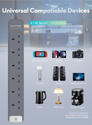 RAVPower 6-Outlet AC Power Strip 3150W Max \ 1.5M Cord - راف باور وصلة كهربائية بـ 6 منافذ تيار متردد 3150 واط \ سلك بطول 1.5 متر
