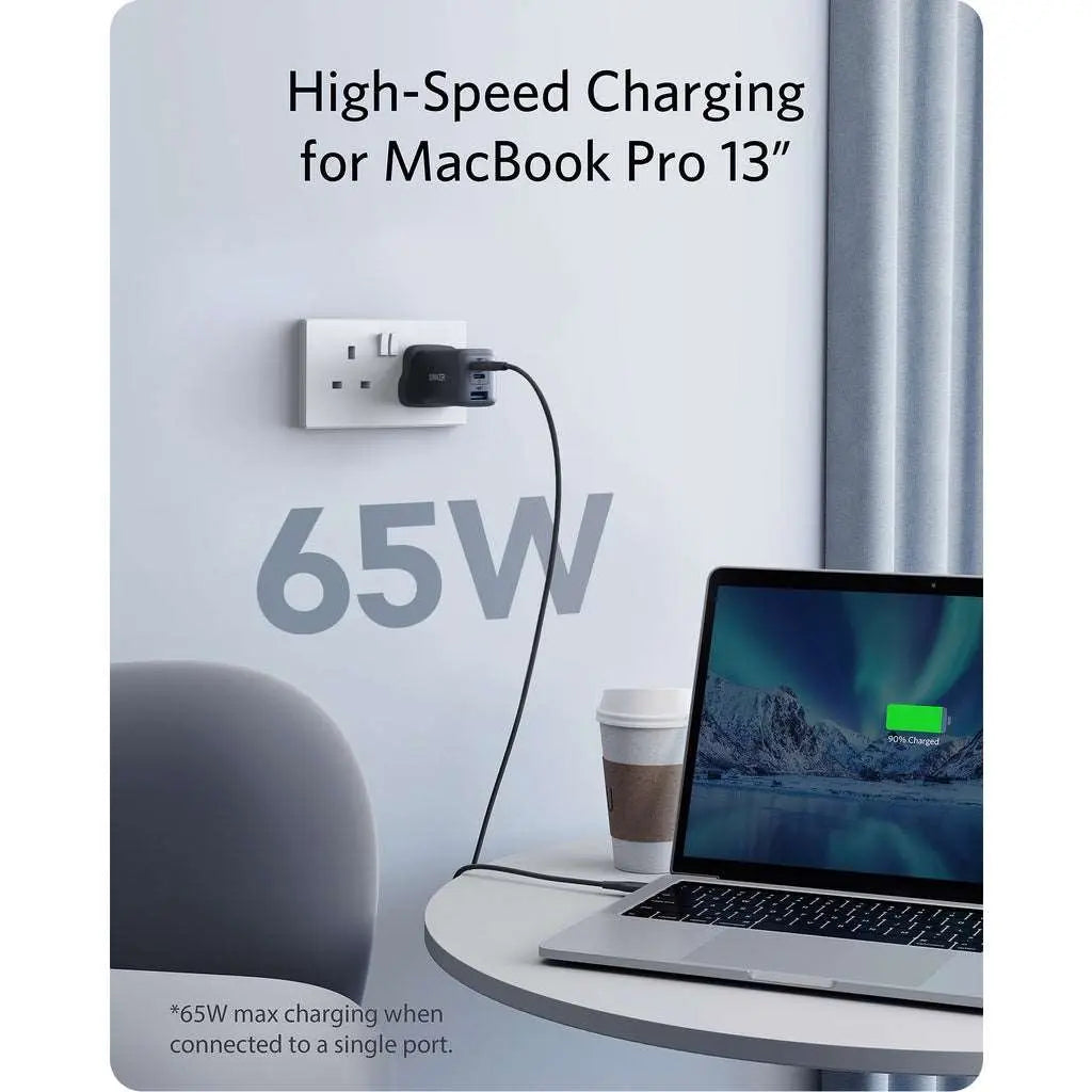 شاحن انكر باور بورت 3 بمنفذين تايب سي ومنفذ يو اس بي اي وبقدرة شحن 65 واط - اسود | Anker PowerPort III 3-Ports 2 USB-C and USB-A Charger 65W – Black