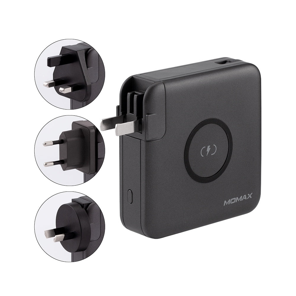 شاحن موماكس Q.Power Plug اللاسلكي المحمول مع مقابس حائط مدمجة | Momax Q.Power Plug, Wireless Portable PD Charger with Built-in Wall Plugs and USB-C