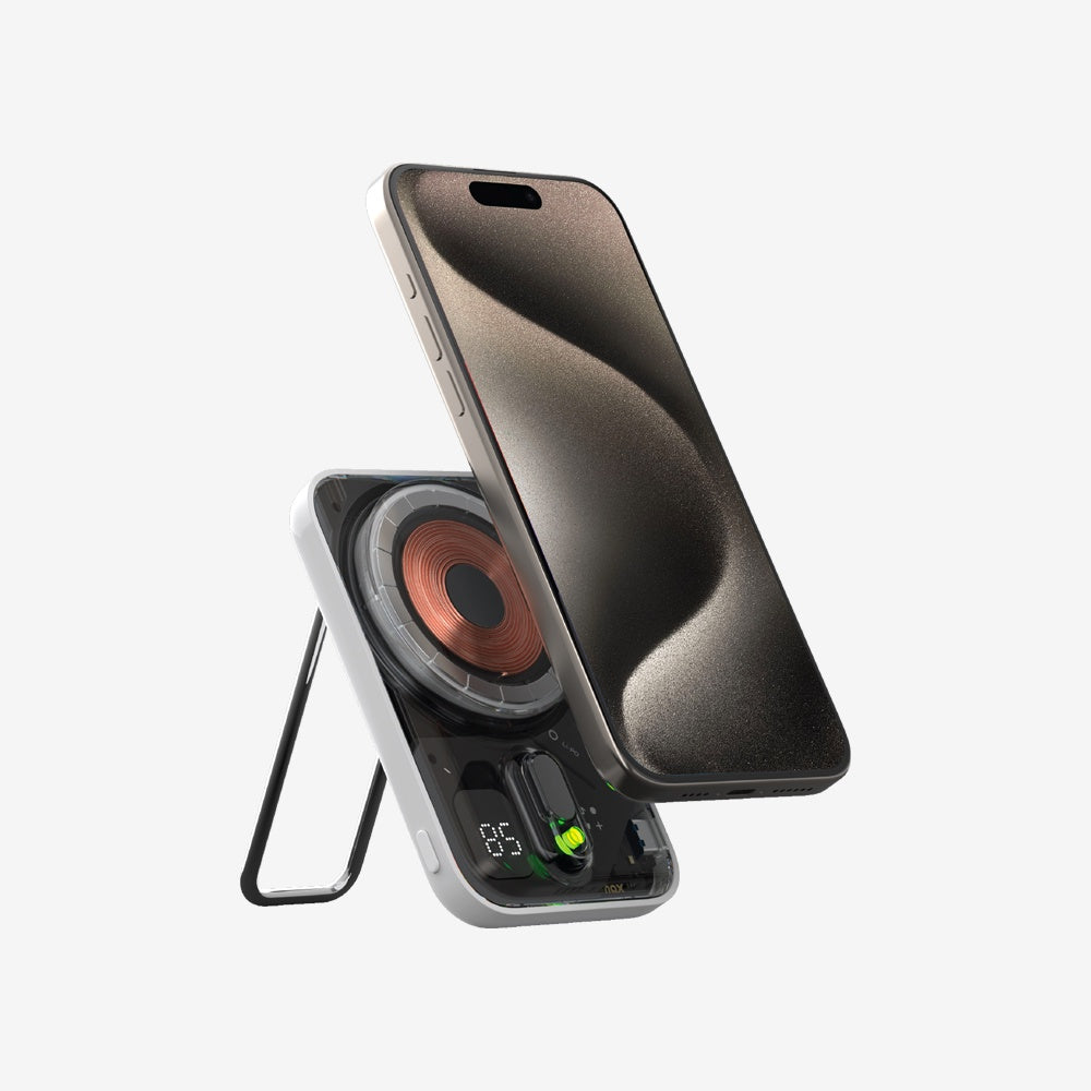 Momax 1-Power Flow, 5000mAh Magnetic Wireless Battery Pack for MagSafe, With Stand - بور بانك موماكس 1-بور فلو مغناطيسي لاسلكي بسعة 5000 مللي امبير متوافق مع ماج سايف, مع مسند