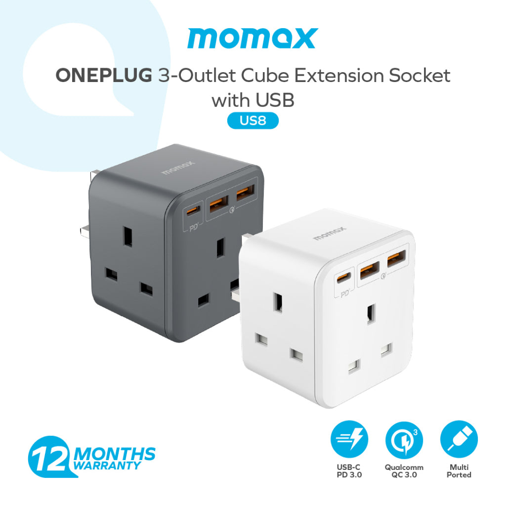 Momax ONEPLUG 3-Outlet Cube Extension Socket with USB Ports - مقبس تمديد موماكس وان بلاج المكعب بثلاثة مخارج كهربائية ومنافذ USB