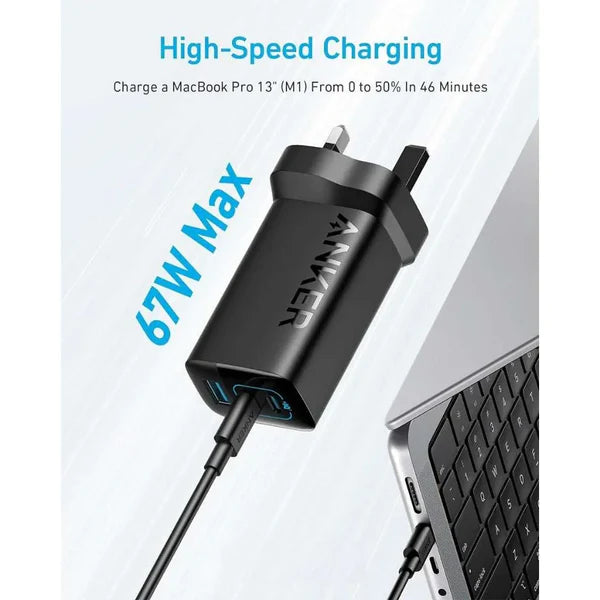 شاحن انكر 336 باوربورت 67 واط منفذ يو اس بي سي - اسود | Anker Charger 336 Powerport 67W USB-C GaN Charger - Black.