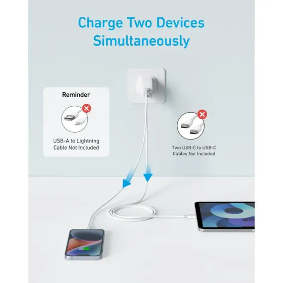 Anker 312 Fast Charger 20W – Dual Port USB-C & USB-A Charger - شاحن انكر 312 يدعم شحن سريع 20 واط, بمنفذين USB-C و USB-A