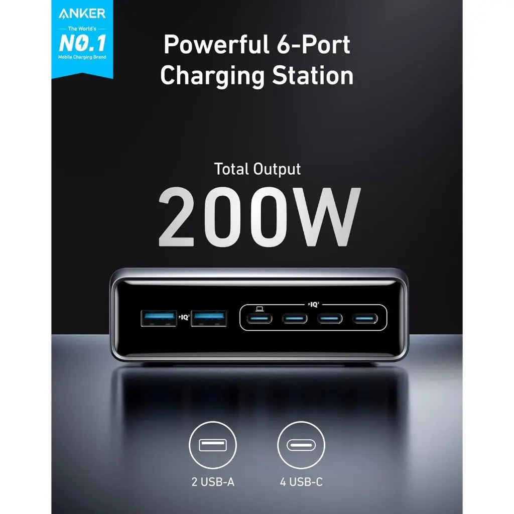 شاحن أنكر برايم GaN بقدرة 200 واط بـ 6 منافذ - فضي | Anker Prime 200W GaN 6-Port Charger – Silver