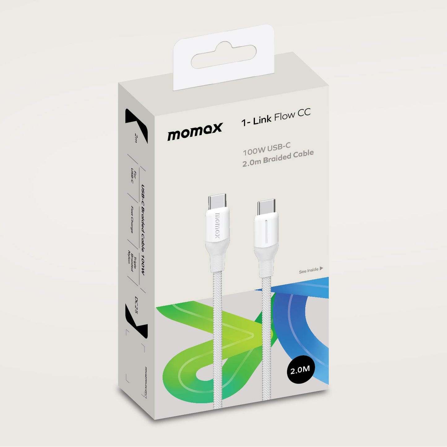 Momax 1‑Link Flow CC 100W USB‑C to USB‑C Braided Cable, 2 m - كيبل موماكس 1-لنك فلو, USB-C الى USB-C, نايلون مضفر, بقدرة 100 واط, طول 2م