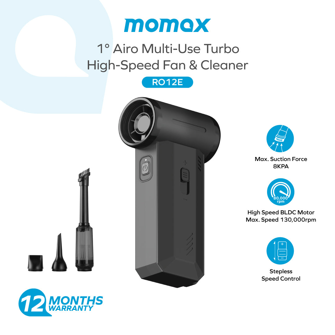 Momax 1° Airo Multi-Use Turbo High-Speed Fan & Cleaner | 2-in-1 Air Duster and Vacuum - مروحة ومكنسة موماكس ايرو 1 متعددة الاستخدامات, مروحة توربو عالية السرعة مع وظيفة التنظيف
