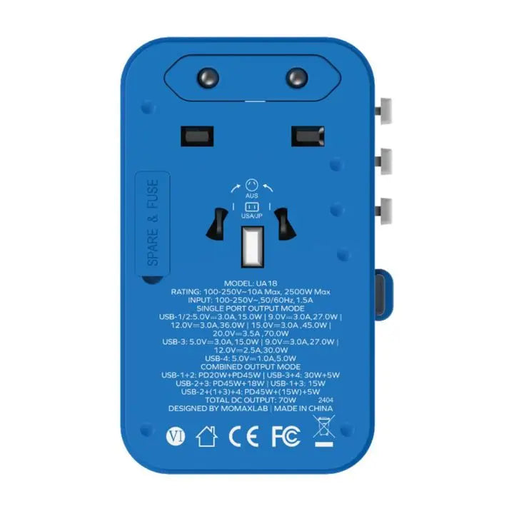 Momax 1-World+ 70W GaN 3-Port Charger with Built-in USB-C Cable - شاحن GaN موماكس 1-world بلس بقدرة 70 واط, شاحن سفر عالمي ب 3 منافذ مع كيبل USB-C