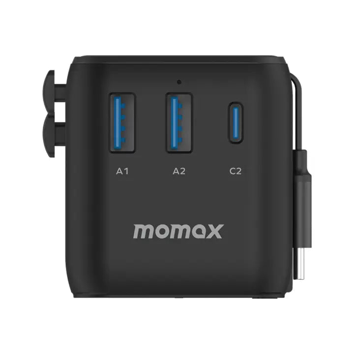 Momax World+ 25W 3-Port Charger with Built-in USB-C Cable + AC Travel Adapter - شاحن موماكس ورلد بلاس بقدرة 25 واط – شاحن سفر عالمي بـ3 منافذ وكابل USB-C مدمج مع محول طاقة AC