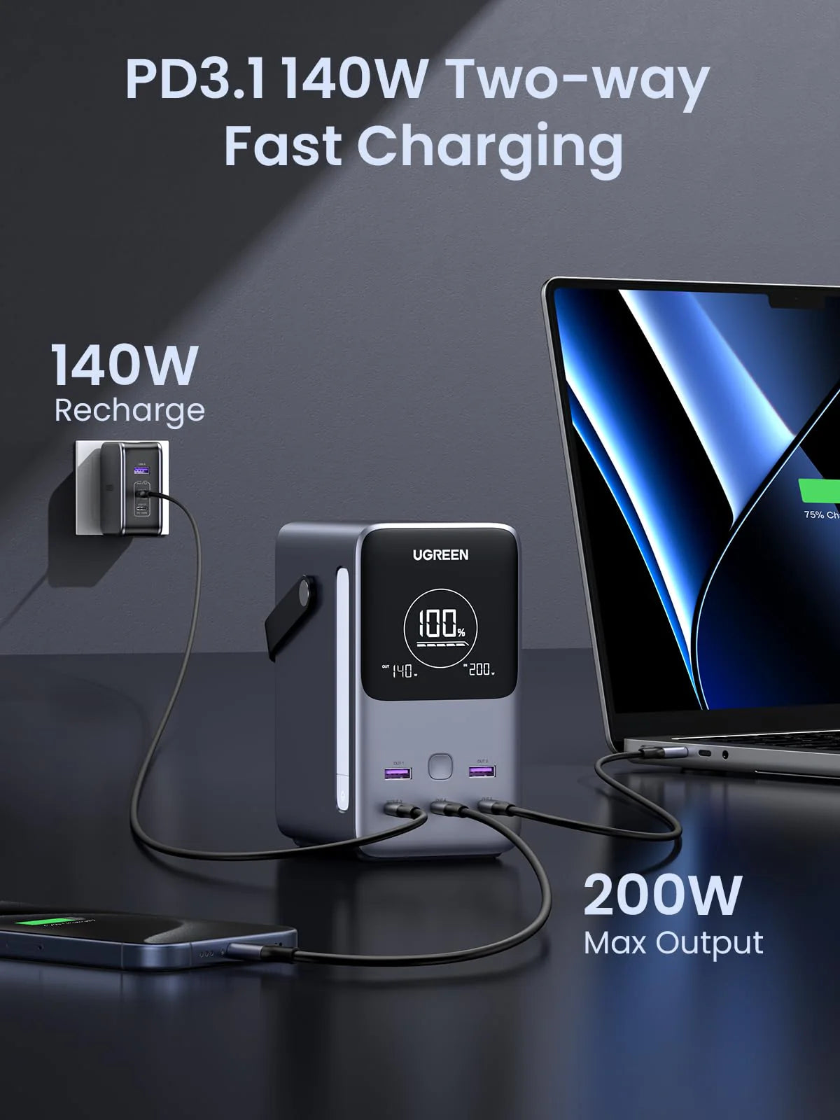 باور بانك يو جرين بسعة 48,000 مللي امبير وبقدرة شحن 300 واط مع شاشة ذكية | UGREEN 300W 48000mAh Power Bank with Smart Digital Display