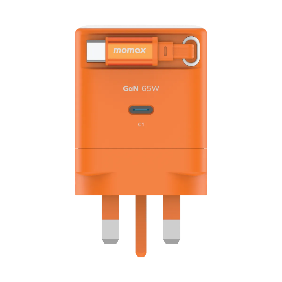 Momax CHARGE & Port GaN 65W Fast Charger with Retractable USB-C Cable - شاحن موماكس جارج & بورت بقدرة 65 واط – شاحن سريع بكابل USB-C مدمج قابل للسحب ومنفذ إضافي