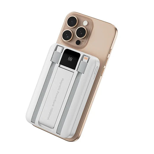 باور بانك ويوو بسعة 10000 مللي امبير مع شحن سريع 22.5 واط وكيبل لايتننغ وتايب سي مدمجين مع مسند | WiWU Duke Wi-P061 10000mAh Power Bank, 22.5W Fast Charging with Built-in Type-C & Lightning Cables and Stand.