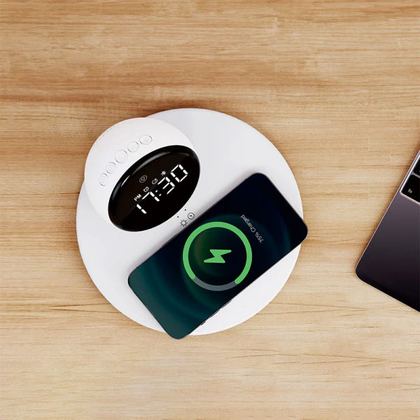 شاحن لاسلكي 15 واط مع منبه رقمي ومكبر صوت بلوتوث من ويوو - WIWU 15W Wireless Charger with Digital Alarm Clock and Bluetooth Speaker
